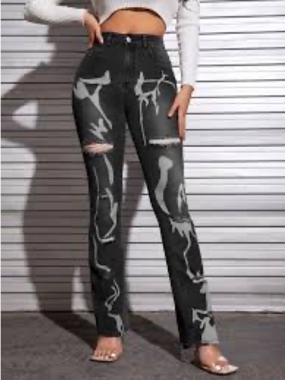SHEIN Black Straight-Leg Jeans with Gray Paint-Splash Detail
